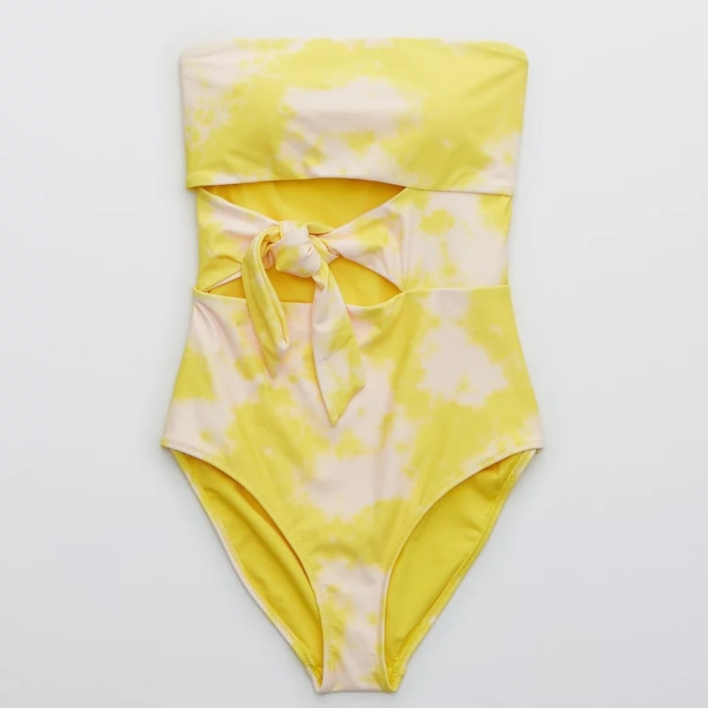 BNWT Aerie Yellow Watercolor Strapless One Piece Swimsuit